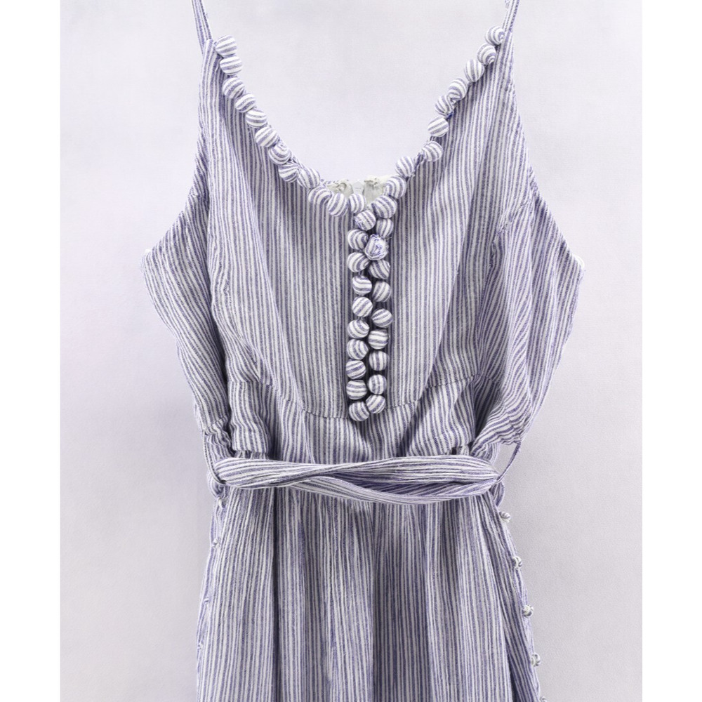 Anthropologie Maeve Jumpsuit Blue Maritime Pom Pom White Stripe Crinkled Sz 14 - Picture 4 of 12